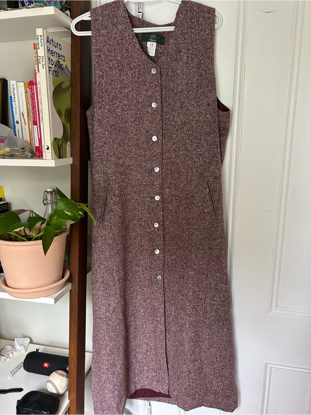 Orvis Burgundy Tweed Long A-Line dress Button Front 16 Made in USA wool silk